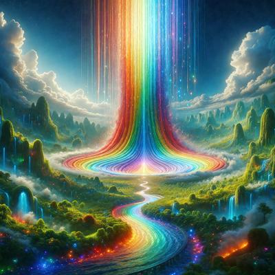 The primary subject of the image is a rainbow-colored tunnel that leads to a lush, green forest. The setting is a vibrant, colorful landscape with a variety of trees and plants. The visual style is a digital art or illustration, creating a whimsical and imaginative atmosphere. The dominant colors are the rainbow hues, which evoke a sense of wonder and excitement.
